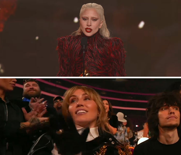 Lady Gaga speaking at the Grammy Awards and Miley Cyrus reacting awkwardly during the 2026 celebrity event.