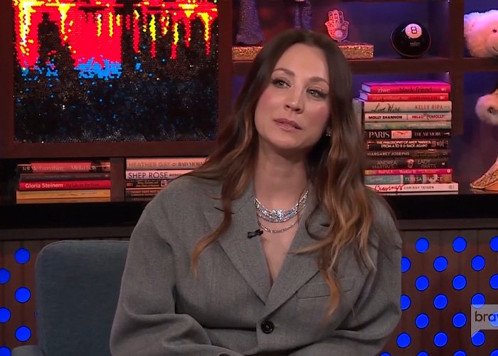 Kaley Cuoco in a gray blazer discussing the toxic mom drama during a television interview with books in the background.