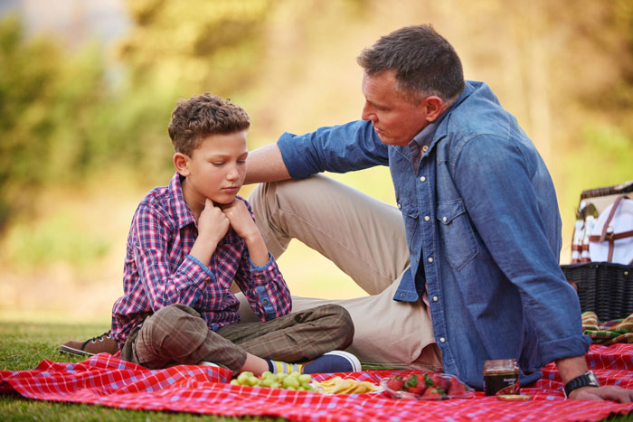 Father and son having a serious conversation during a picnic, reflecting on family truths and hidden lies.