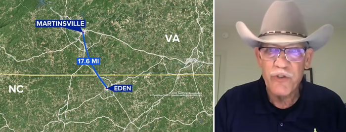 Map showing route between Martinsville and Eden with distance, alongside a man wearing glasses and a cowboy hat discussing a mom arrested after vanishing.