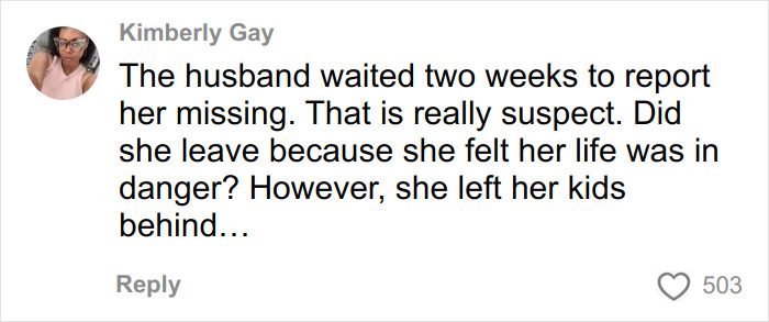 Comment expressing suspicion about husband delaying to report mom missing, related to mom who vanished 25 years ago.