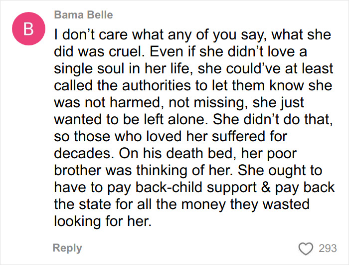 Comment expressing frustration over a mom who vanished for 25 years and was recently arrested after family discovery.