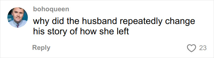 Comment on social media questioning the husband's changing story about the mom who vanished 25 years ago and recent family discovery.