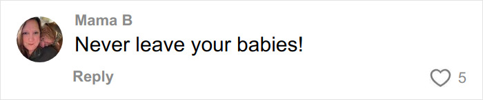 Comment from user Mama B on social media warning never to leave babies unattended, with five likes.