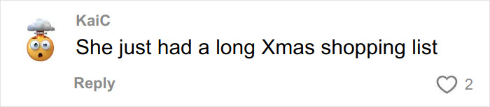 Comment with shocked emoji reacting to a long Christmas shopping list shared in a casual online discussion.