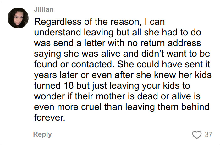 Comment from Jillian reflecting on the mom who vanished 25 years ago and the impact on her family&rsquo;s discovery.