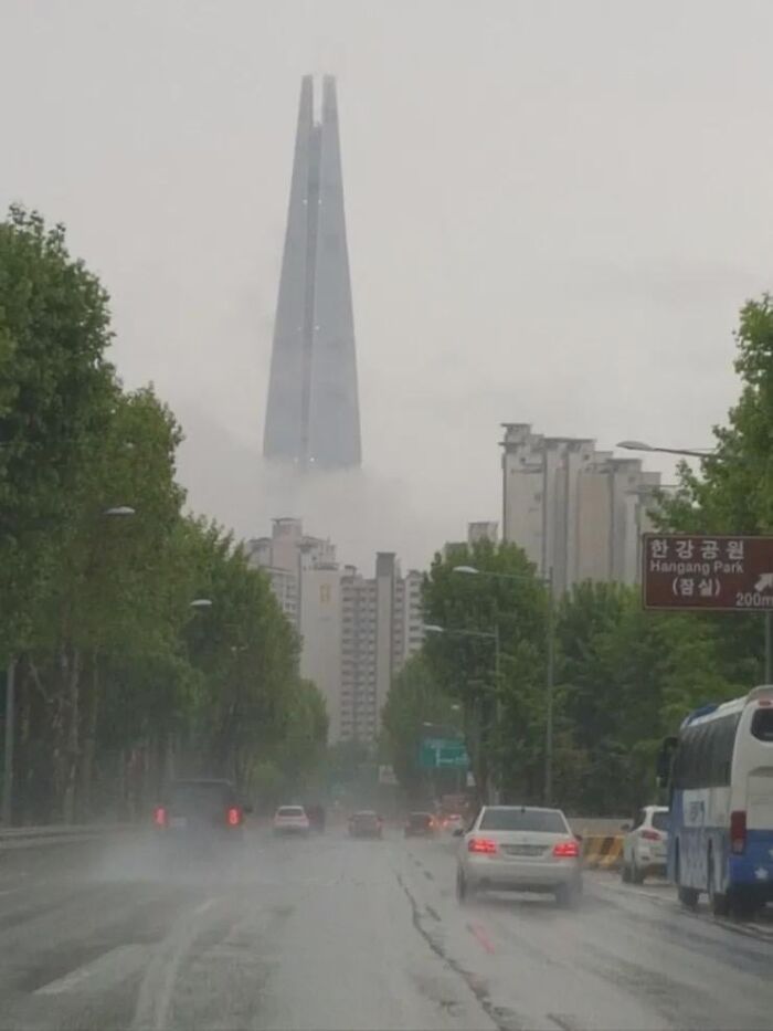 Foggy city street with cars and towering buildings, creating a dystopian nightmare atmosphere in an urban setting.