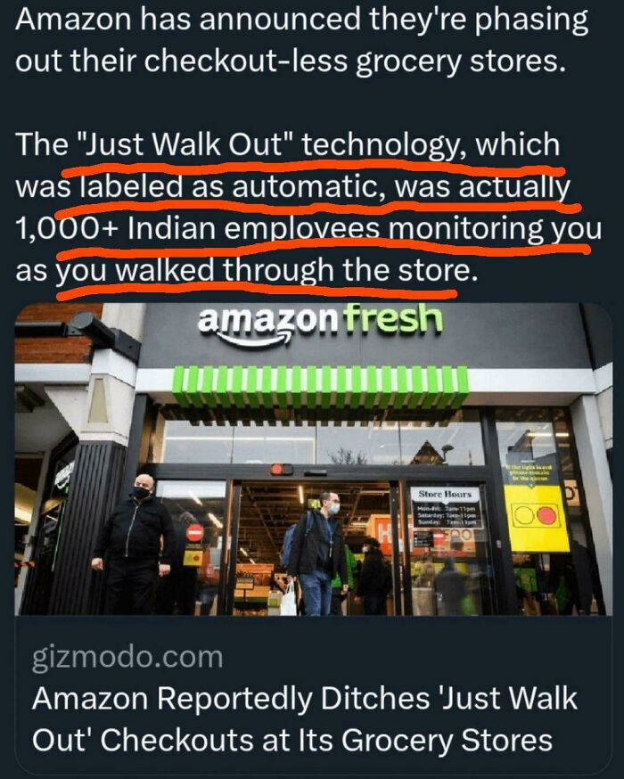 Screenshot of a conspiracy theory about Amazon's checkout-less stores monitored by employees, fitting funny and harmless conspiracy theories.