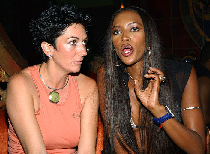 Naomi Campbell in conversation with a woman at an event, Epstein files reveal involvement with Ghislaine Maxwell playmates.