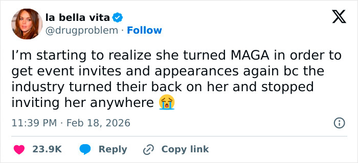 Tweet by la bella vita expressing opinion about someone's change in strategy to regain event invites and industry appearances.