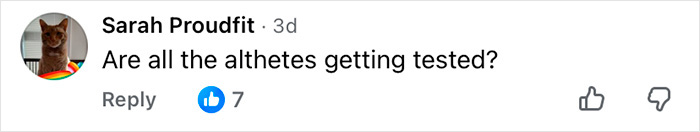 Screenshot of a social media comment asking if all athletes are getting tested, related to Imane Khelif Y chromosome gene controversy.