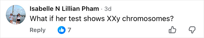 Screenshot of social media comment asking about test results showing XXY chromosomes related to Imane Khelif Y chromosome gene controversy.
