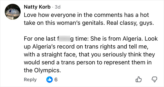 Comment from Natty Korb discussing Algeria’s record on trans rights amid Imane Khelif’s Y chromosome gene admission controversy.