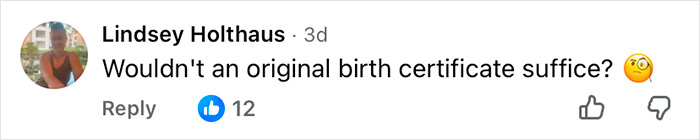 Comment by Lindsey Holthaus questioning if an original birth certificate would suffice in a social media thread on controversy.