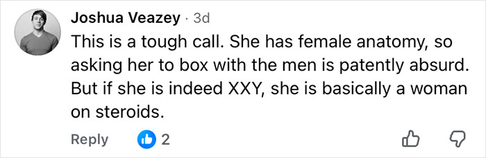 Comment discussing Imane Khelif and controversy surrounding her Y chromosome gene and female anatomy.