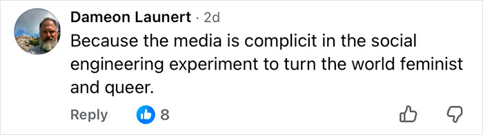 Facebook comment by Dameon Launert discussing media complicity in social engineering related to feminism and queer issues.