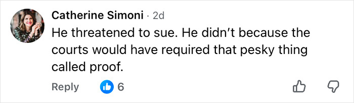 Comment by Catherine Simoni discussing a legal threat and court proof in an online social media post.