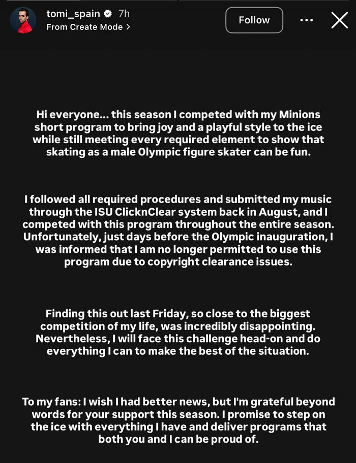 Statement from Olympic figure skater explaining music ban due to copyright issues before Winter Games competition.