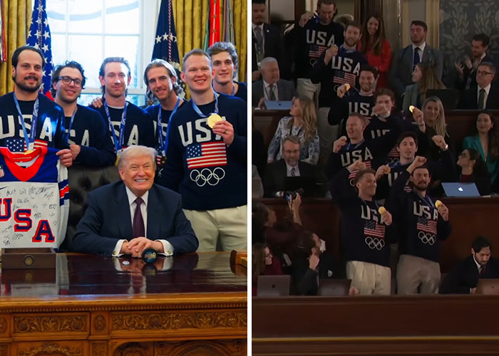Former President Donald Trump seated at the desk with USA Olympic athletes during viral State of the Union moments.