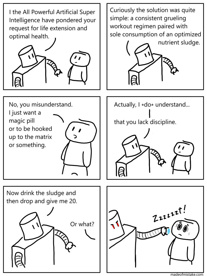 Minimalistic comic strip about everyday observations showing a robot advising discipline and a magic pill wish.