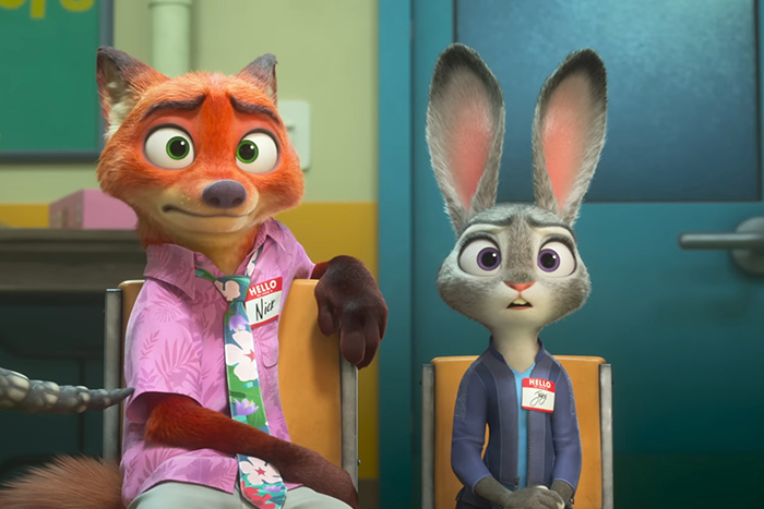 Animated fox and rabbit characters seated indoors, representing Oscar nominated movies 2026 in a colorful setting.