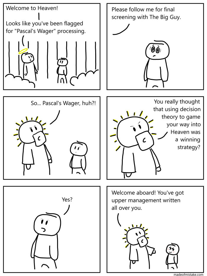 Minimalistic comic strip about everyday observations featuring simple characters discussing Pascal's Wager and decision theory.