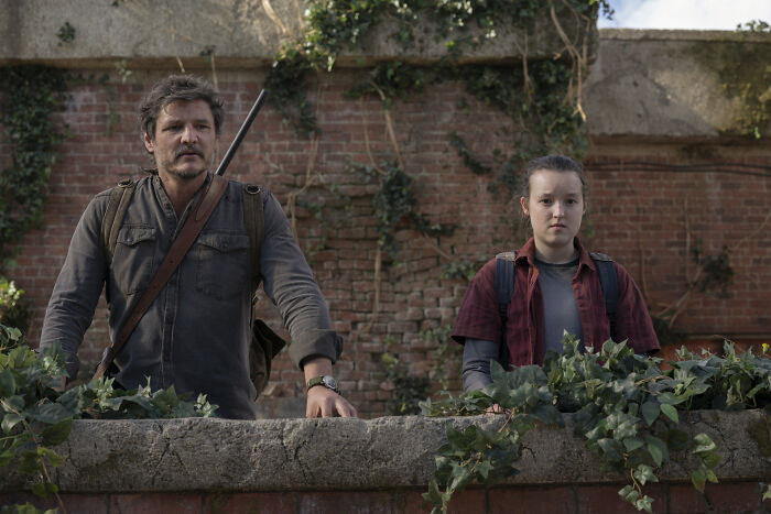 Two characters standing behind a stone wall covered in ivy, scene from shows like Fallout with post-apocalyptic setting. - 4