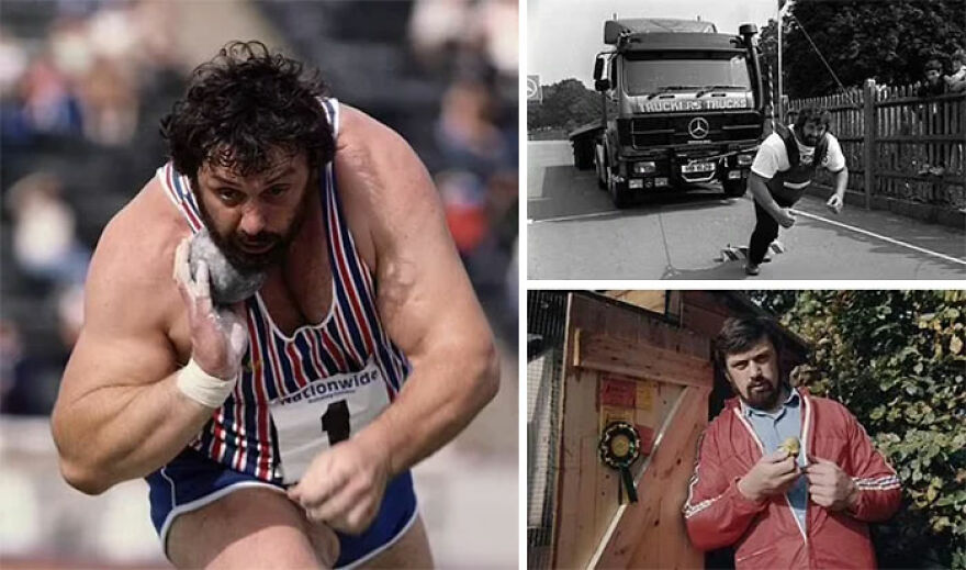 Strong muscular man competing in shot put, pulling truck, and posing outdoors, representing famous gigachads admired worldwide.