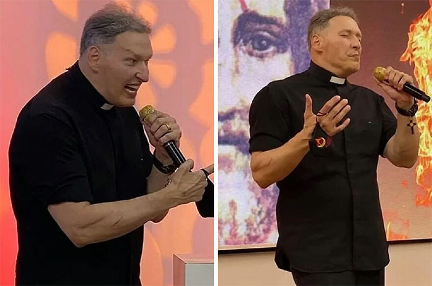 Man dressed as a priest holding a microphone, passionately speaking on stage, representing admired gigachads in countries.