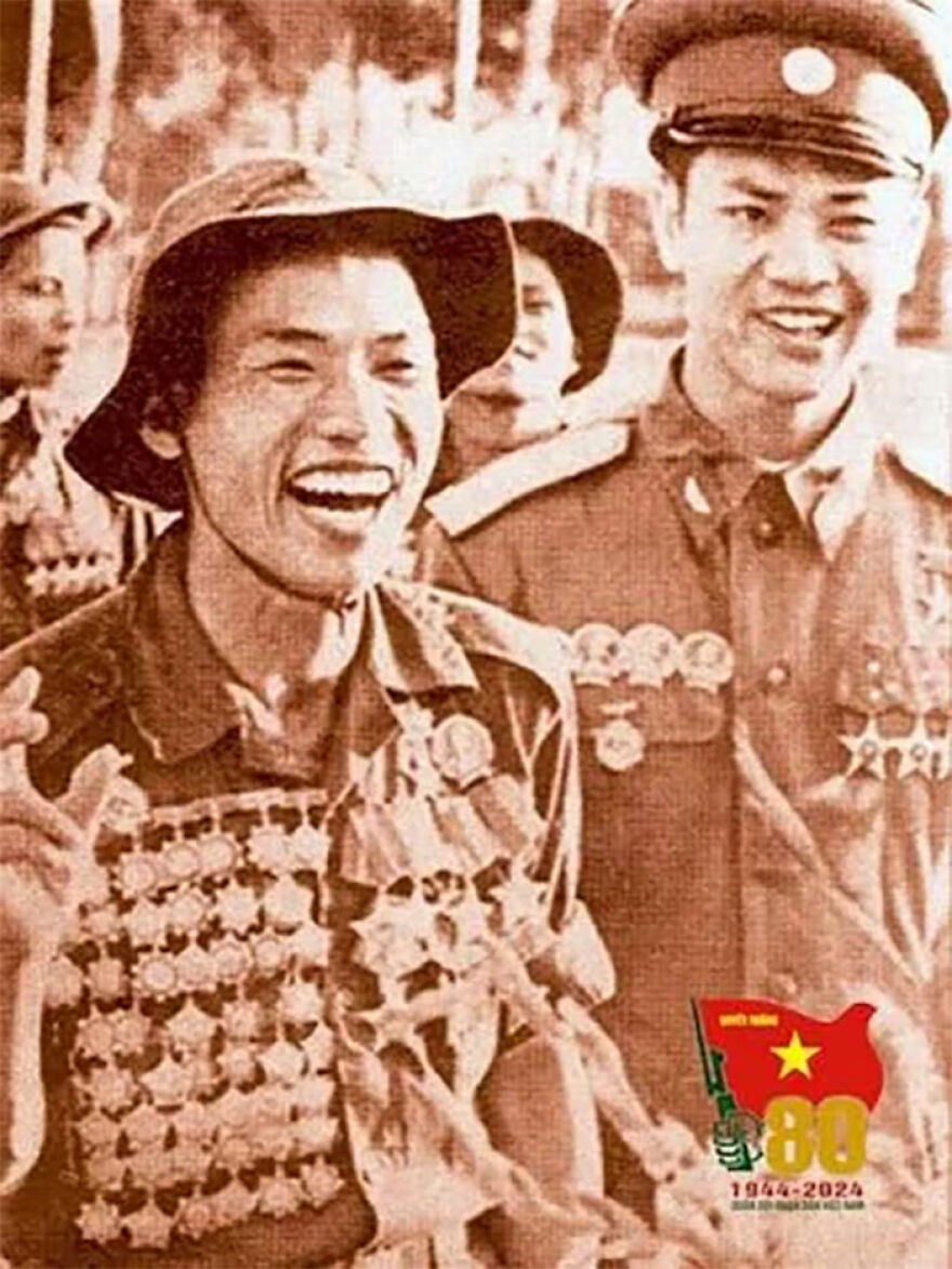 Two soldiers wearing military uniforms adorned with numerous medals, smiling and celebrating as admired gigachads.