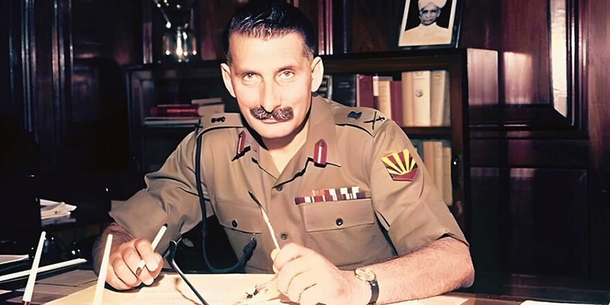Military officer in uniform with mustache sitting at desk in a wood-paneled room, representing a notable gigachad figure.
