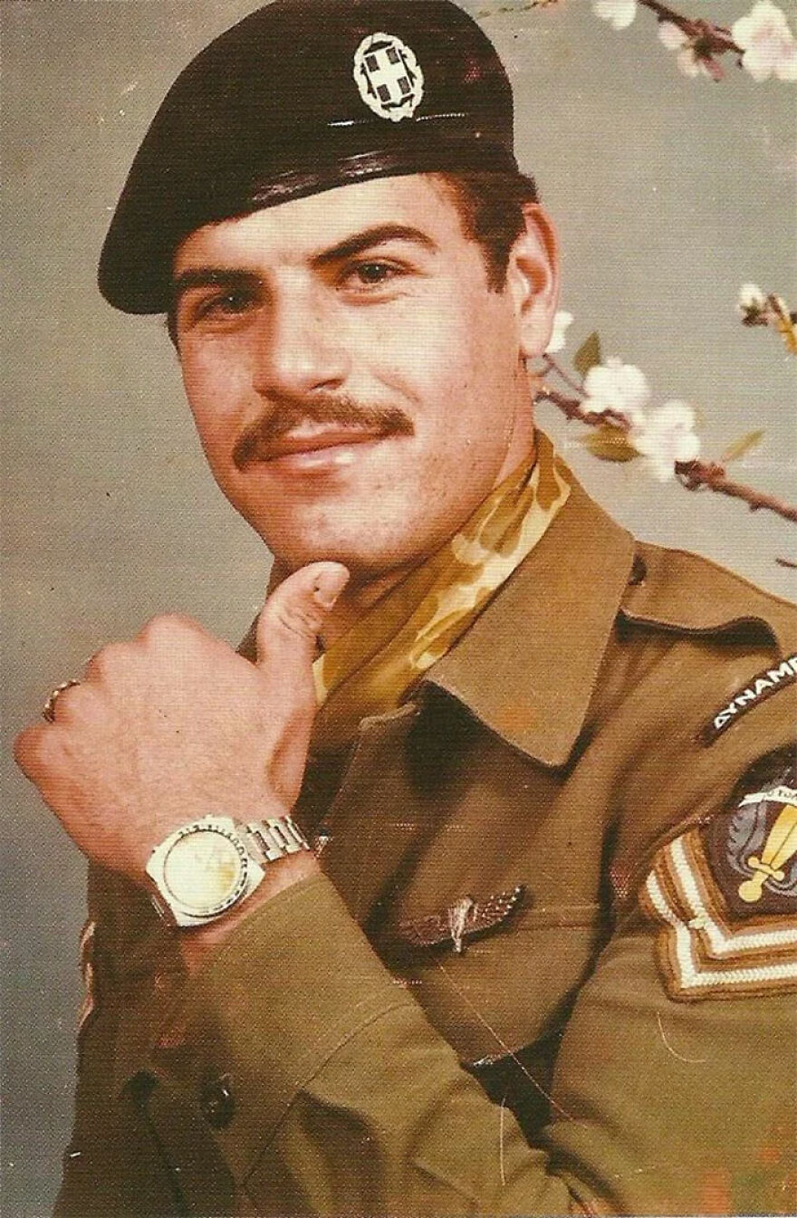 Military man with mustache wearing uniform and beret, posing confidently as a popular gigachad figure admired worldwide.