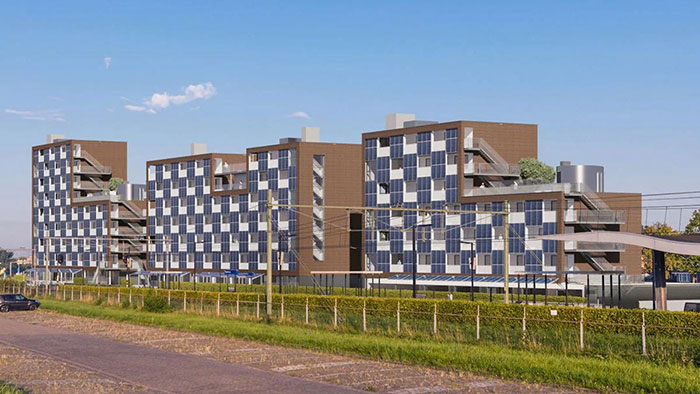 Modern architectural malpractice shown in a large building with an unusual design causing local controversy.