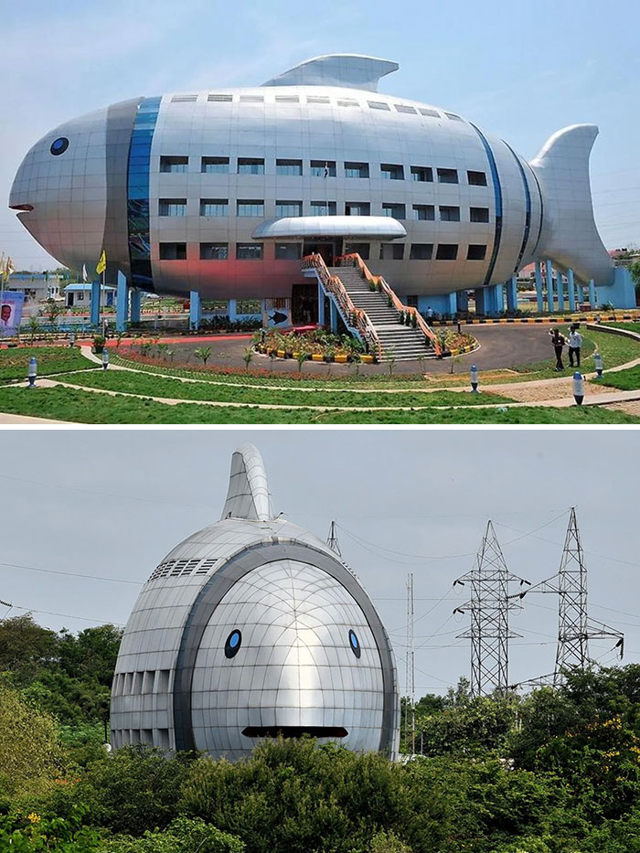 Two large, unusual fish-shaped buildings representing architectural malpractice that upset local communities.