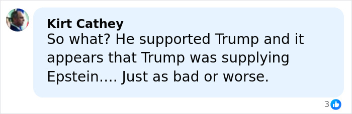 Comment by Kirt Cathey discussing Trump’s connection to Epstein after Joe Rogan’s name appears in Epstein files.