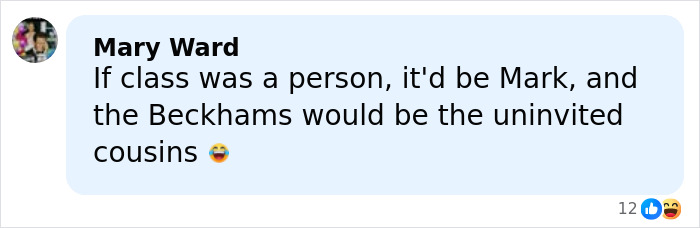 Comment from Mary Ward joking about Mark and the Beckhams being uninvited cousins, referencing wedding accusations.