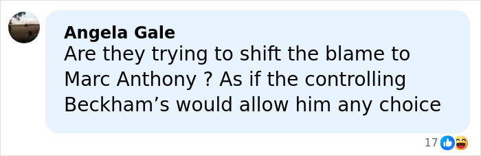Comment discussing Marc Anthony in relation to Brooklyn Beckham's wedding accusations and family control issues.
