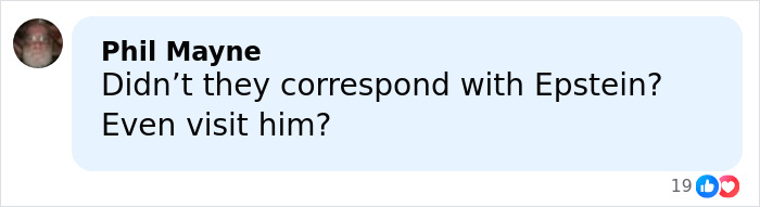 Comment by Phil Mayne questioning correspondence or visit involving Jeffrey Epstein in a social media post.