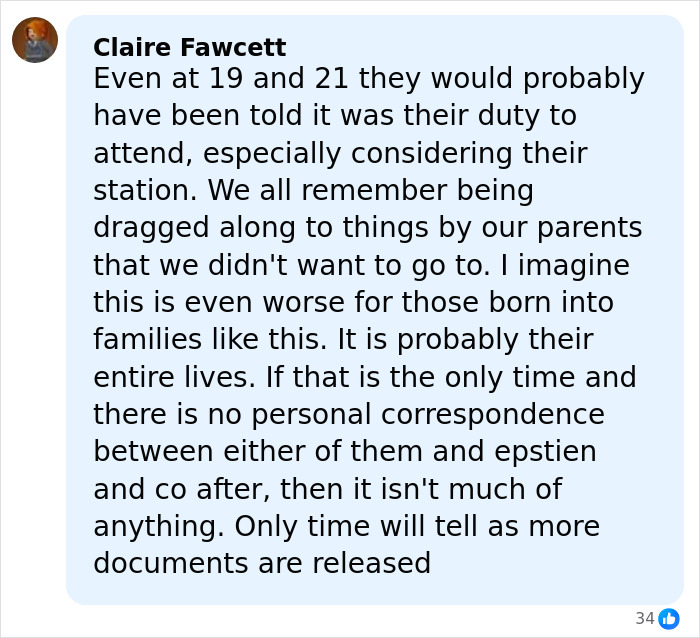 Comment by Claire Fawcett discussing Jeffrey Epstein's request involving Princess Beatrice and Eugenie in new files.