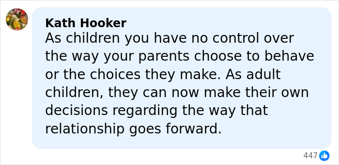 Comment by Kath Hooker on family relationships, discussing children's control over parents' choices and adult decisions moving forward.