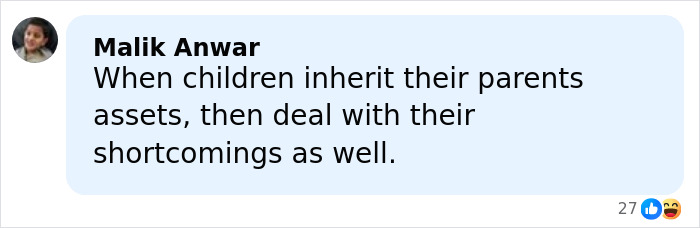 Comment by Malik Anwar on social media discussing children inheriting parents' assets and their shortcomings.