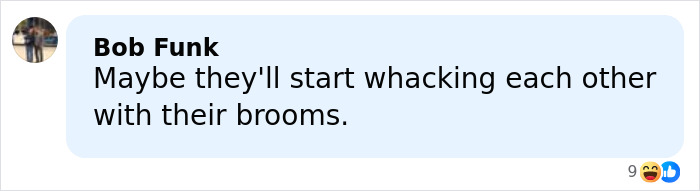 Comment by Bob Funk joking about competitors whacking each other with brooms, referencing Olympics cheating controversy involving Canada.