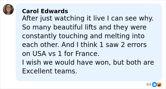 Commenter Carol Edwards discussing the French skater amid Olympics cheating scandal and suspicious win controversy.