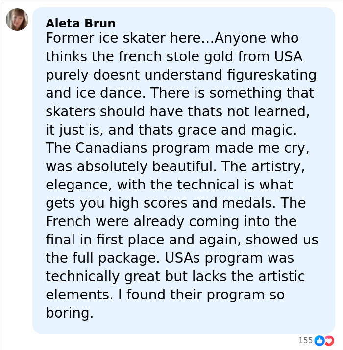 Comment from former ice skater defending French skater amid Olympics cheating scandal and suspicious win controversy.