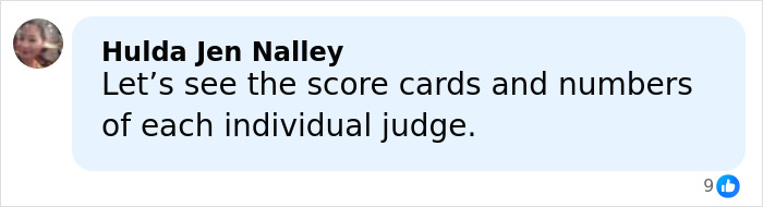 Comment from Hulda Jen Nalley questioning the score cards and judges amid French skater Olympics cheating scandal.