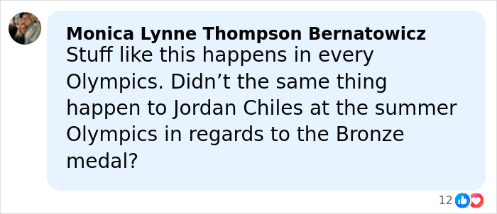 Commenter Monica Lynne Thompson Bernatowicz discussing past Olympics controversies related to medals and fairness concerns.