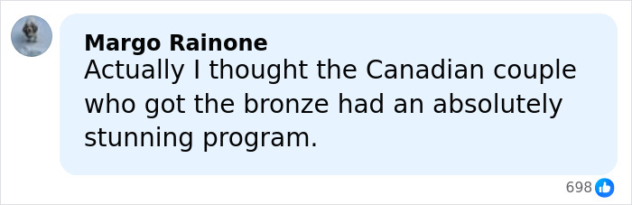 Comment by Margo Rainone discussing the Canadian couple's stunning program amid Olympics skating controversy.