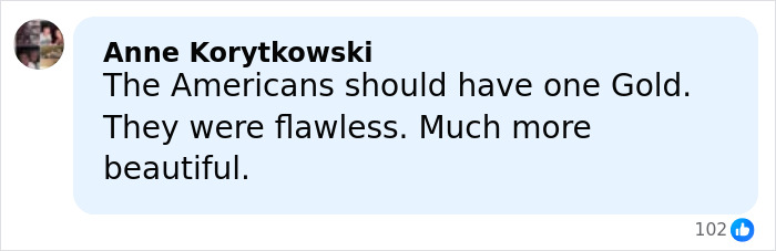 Comment from Anne Korytkowski discussing opinions on Olympic skating results amid cheating scandal controversy.