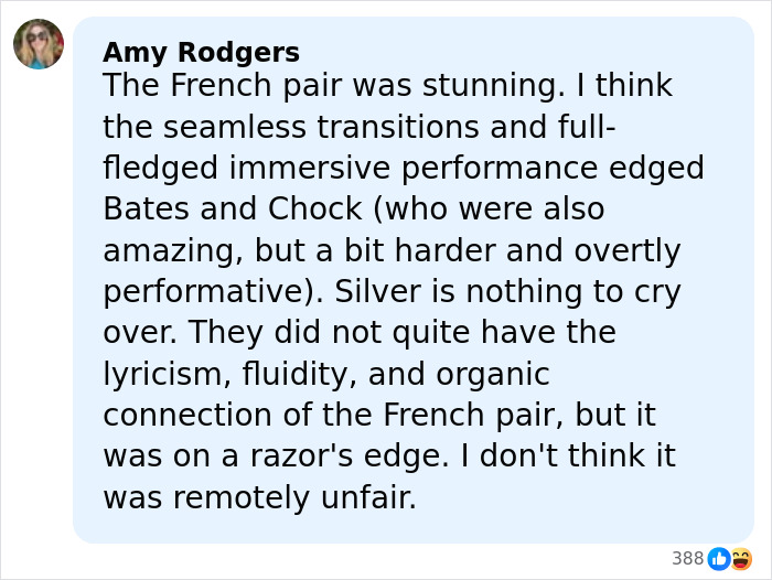 Comment praising the French pair's performance and addressing the Olympics cheating scandal involving a French skater.