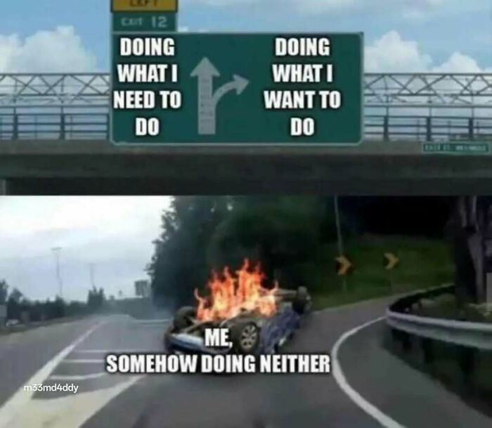 Road sign showing choices between doing what I need or want to do, with a burning car labeled me doing neither meme.
